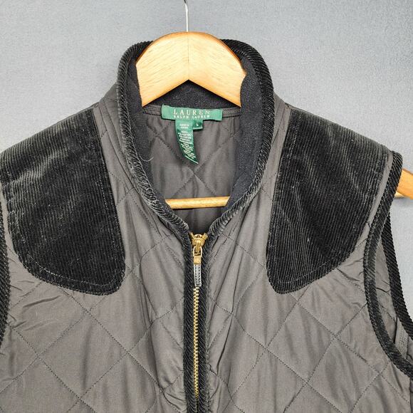 Ralph Lauren LRL Vest Women Large Black Hunting Shooting Corduroy Shoulder Patch - Picture 6 of 10